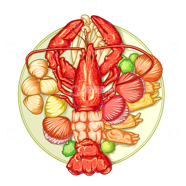 源文件下载【趣麦麦图】龙虾扇贝金针菇小龙虾美食摆盘海报菜单插画元素