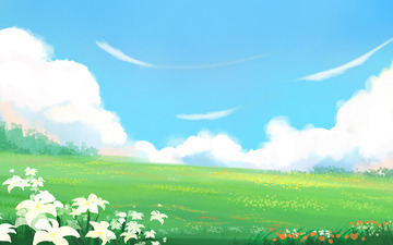卡通春天绿色小清新户外花草草地白云背景