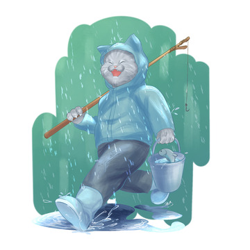 下雨天雨水户外猫咪钓鱼插画元素