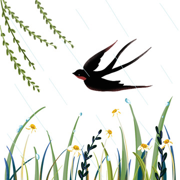 小清新春天下雨雨天燕子柳条草丛元素