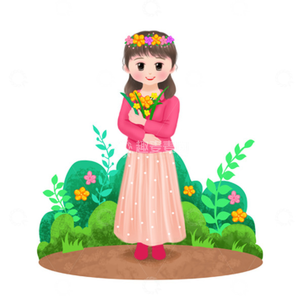 源文件下载【趣麦麦图】-春天鲜花女孩花草花环