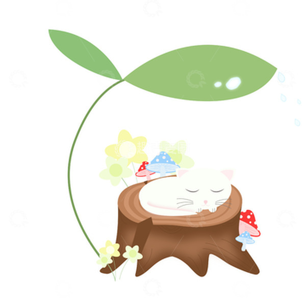 源文件下载【趣麦麦图】树桩白色猫咪蘑菇露水雨