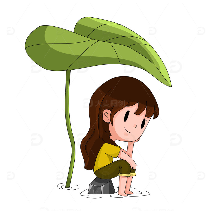 雨水春天坐着叶子下的卡通可爱小女孩