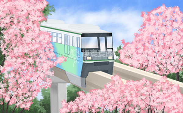 源文件下载【趣麦麦图】开往春天的列车轻轨樱花桃花轨道