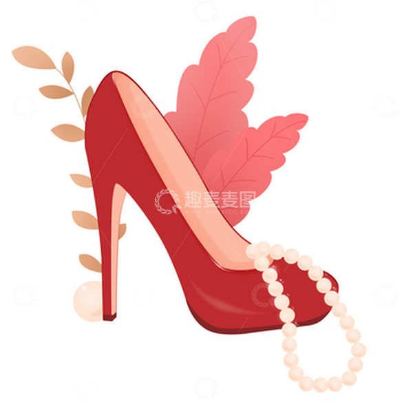 源文件下载【趣麦麦图】红色高跟鞋珍珠树叶插画