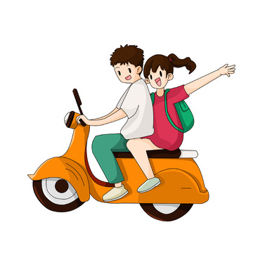 骑电动车一起去春游的情侣