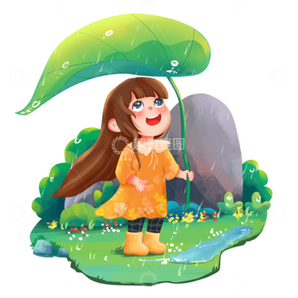 源文件下载【趣麦麦图】手绘卡通户外春天雨水下雨女孩玩耍素材