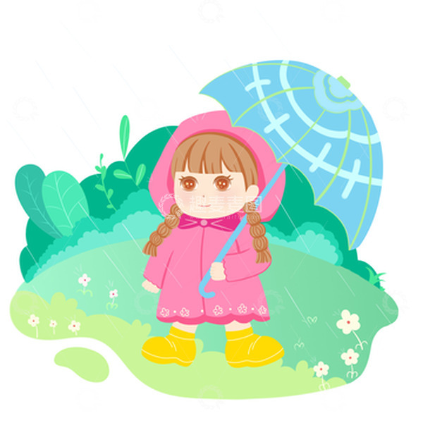源文件下载【趣麦麦图】春天下雨打伞的女孩手绘
