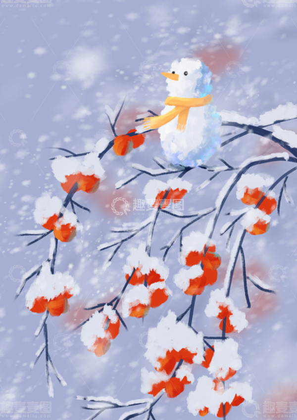 源文件下载【趣麦麦图】扁平风插画冬天季节雪景柿子雪人场景背景