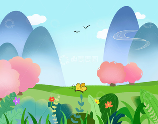 源文件下载【趣麦麦图】春天樱花草地花草踏青手绘图