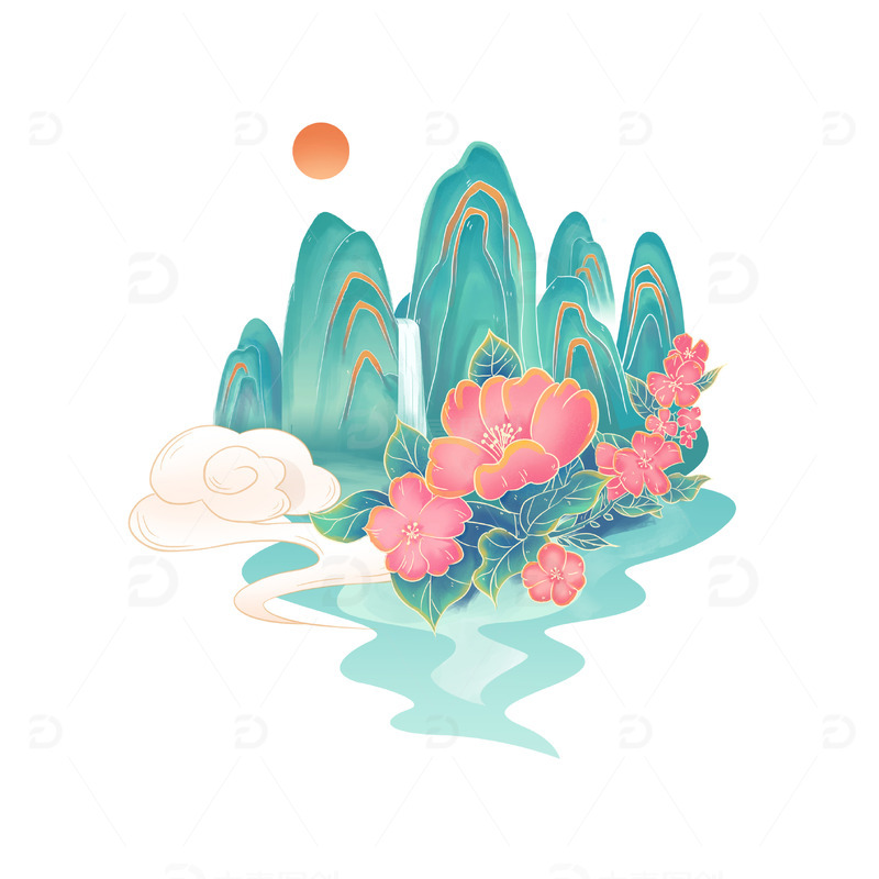 青绿国潮山水花草