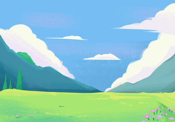 春天蓝天白云草地插画场景背景