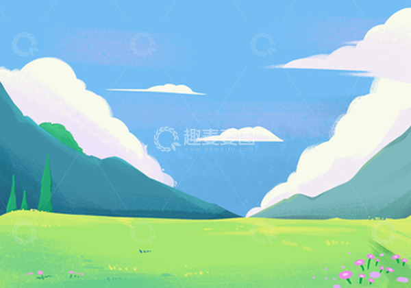源文件下载【趣麦麦图】春天蓝天白云草地插画场景背景