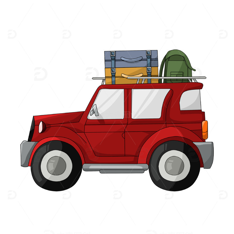 春天出游载行李的卡通红色汽车
