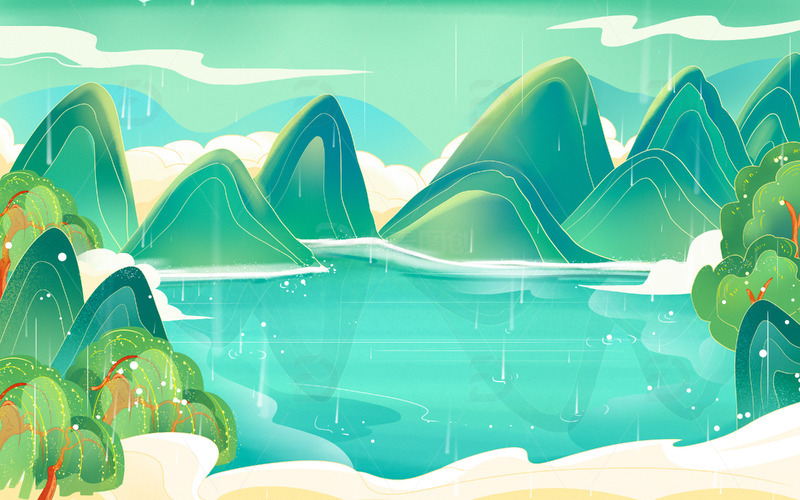 手绘国潮山水绿色春天雨水下雨柳树背景素材