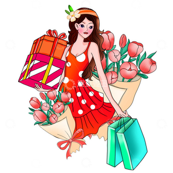 源文件下载【趣麦麦图】手绘美女购物图妇女节插画
