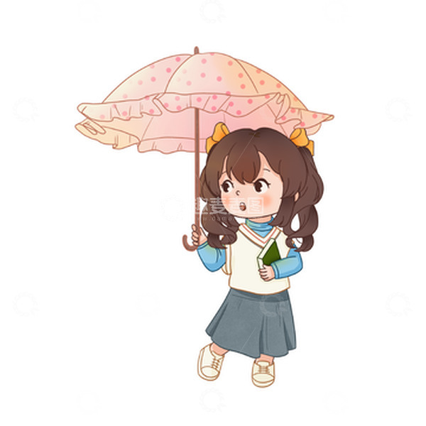 源文件下载【趣麦麦图】雨水撑洋伞的女孩卡通Q版手绘图