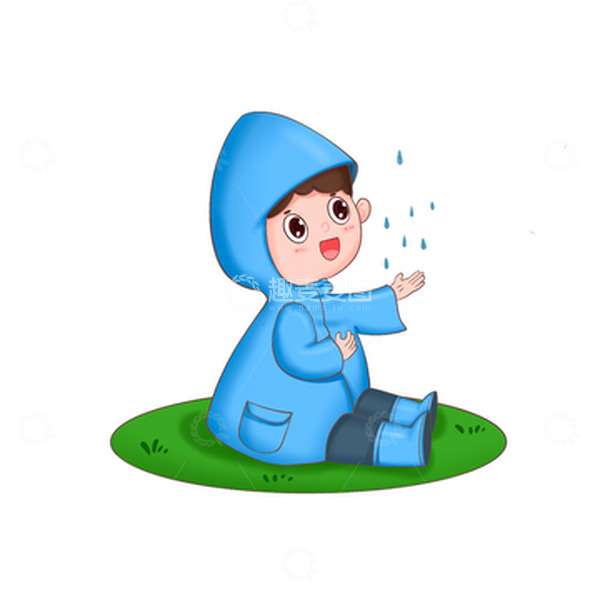 源文件下载【趣麦麦图】男孩下雨天穿雨衣坐草坪上免抠元素
