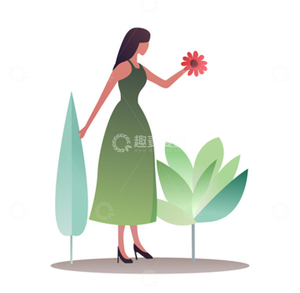 源文件下载【趣麦麦图】扁平绿色裙子女人女孩拿着花植物