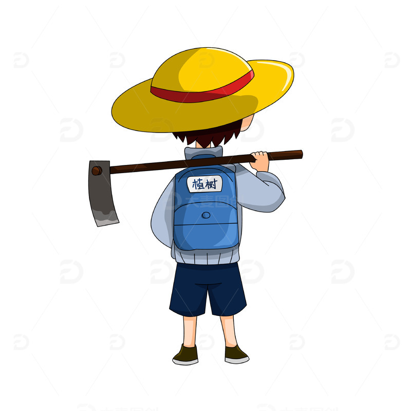 源文件下载【趣麦麦图】背锄头植树种植的小学生背影