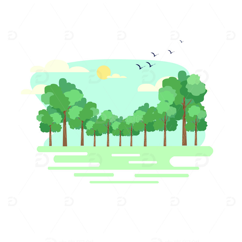 春天植树节树木森林环保生态蓝天矢量扁平