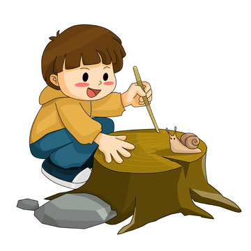 在树桩旁玩蜗牛的卡通男孩