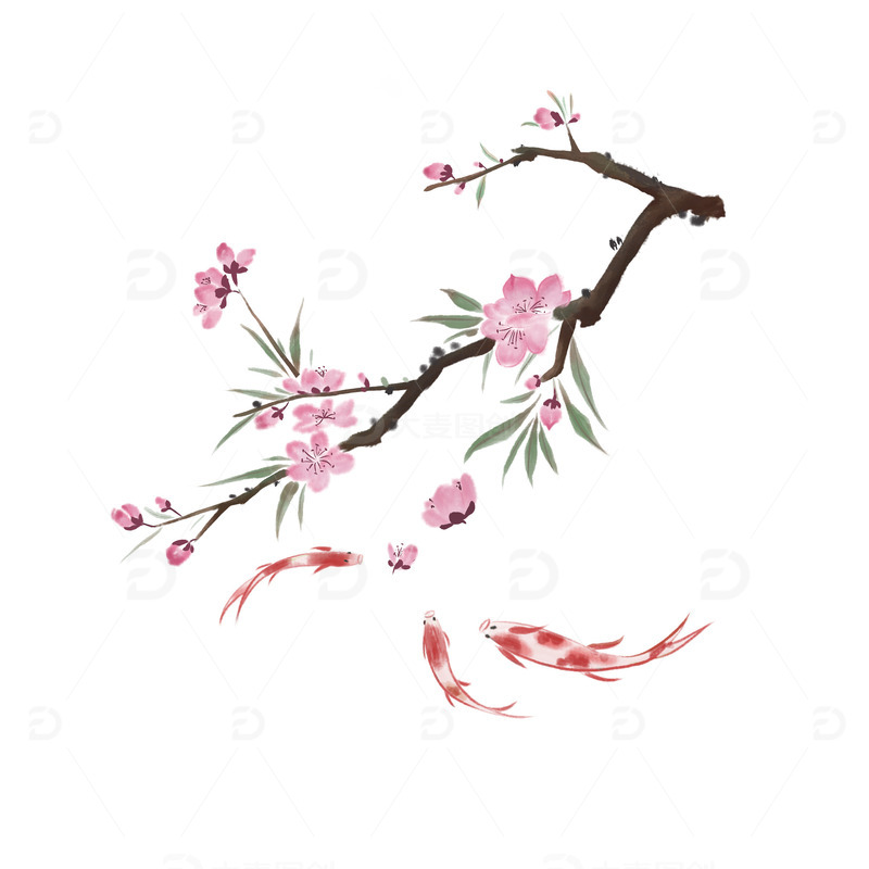 春天粉色桃花锦鲤水墨古风插画