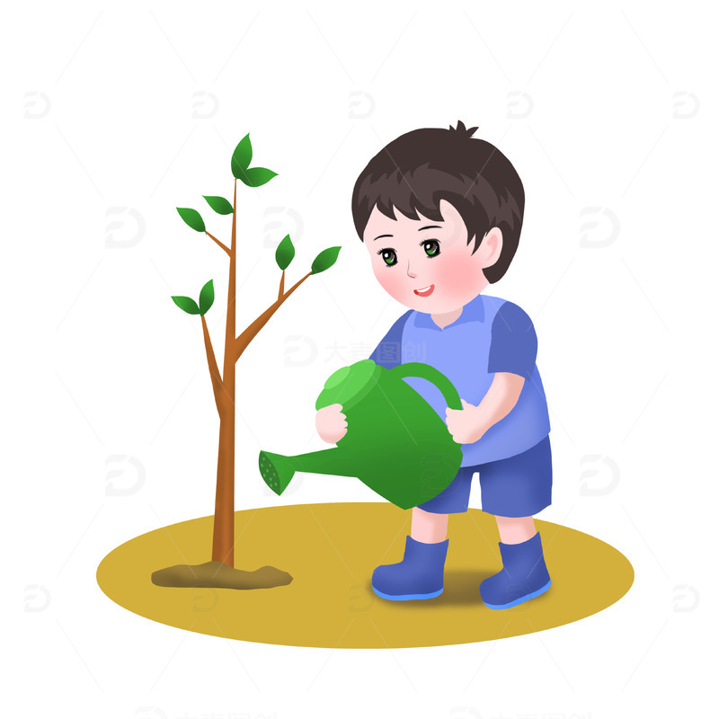 植树节小男孩植树浇水