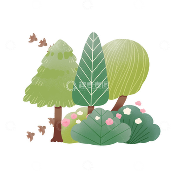 源文件下载【趣麦麦图】植树节树丛花朵鸟