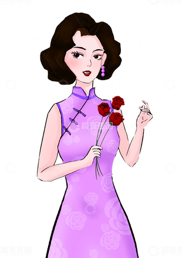 源文件下载【趣麦麦图】旗袍女手持玫瑰