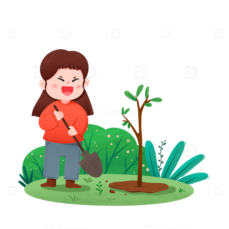 源文件下载【趣麦麦图】-植树节小女孩种树