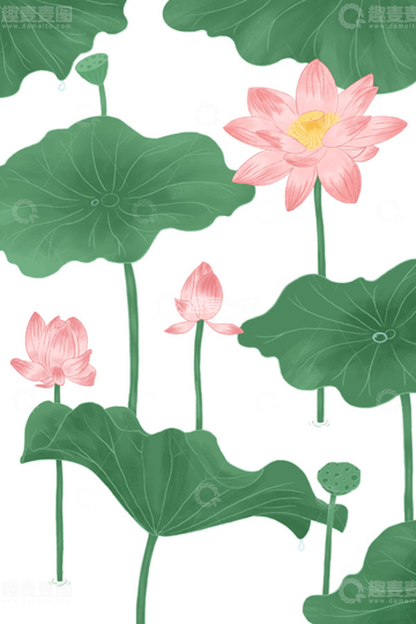 源文件下载【趣麦麦图】春天荷塘荷叶荷花绿色粉色生机盎然