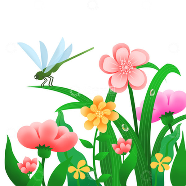源文件下载【趣麦麦图】-小清新惊蛰春天花草蜻蜓昆虫水珠