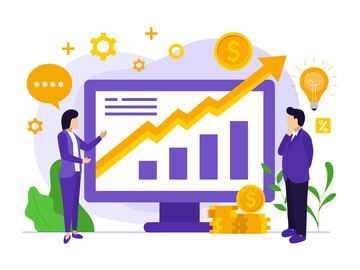 矢量数据卡通人物金币电脑信息趋势箭头