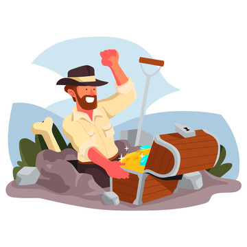 矢量抽象牛仔寻宝挖宝宝箱金币财宝金银珠宝