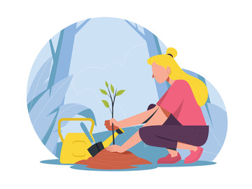 矢量扁平抽象女孩植树节种树树苗土堆