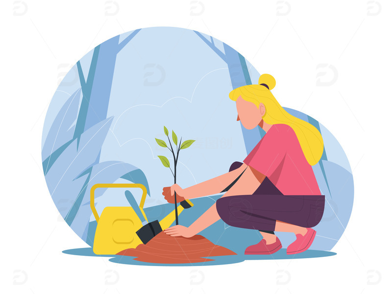 矢量扁平抽象女孩植树节种树树苗土堆