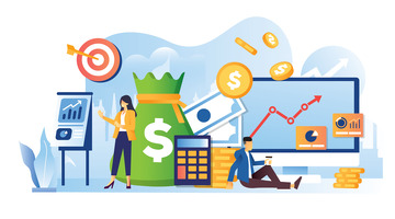 矢量抽象卡通人物靶心目标电脑数据金钱钱币