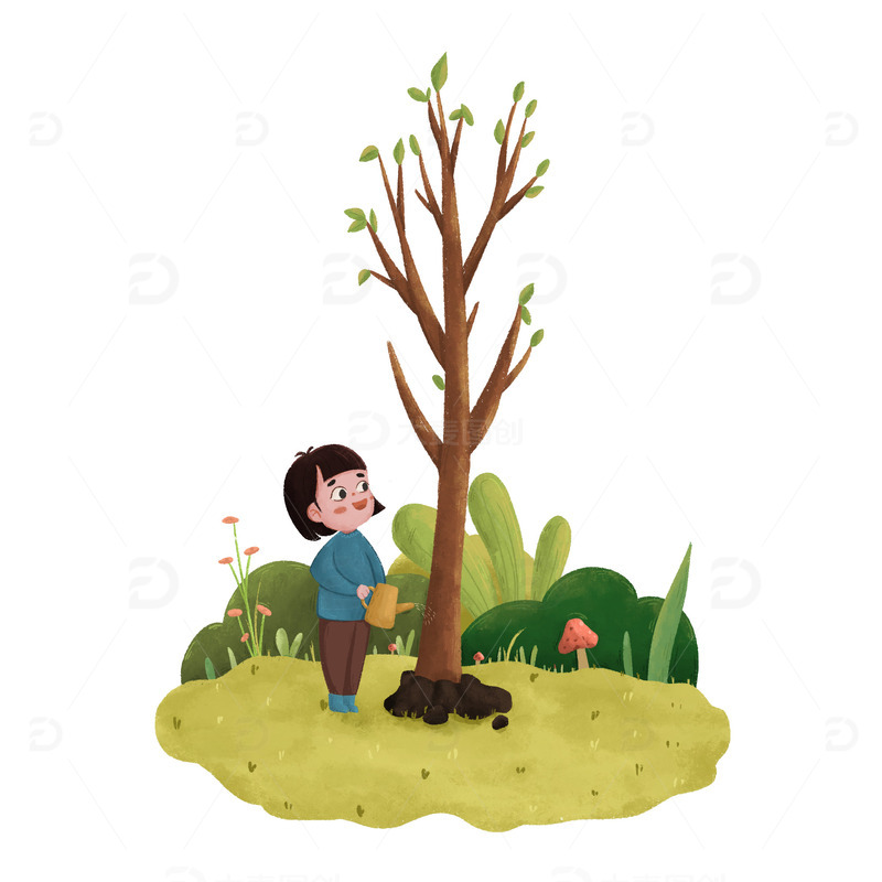 植树节小女孩浇水种树