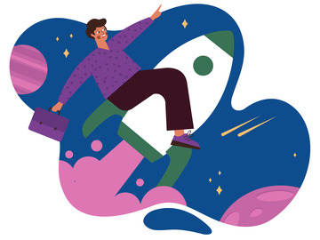 矢量抽象扁平卡通人物火箭男孩星空