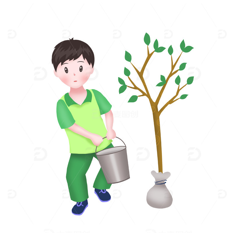 源文件下载【趣麦麦图】小清新植树节小男孩提水树苗