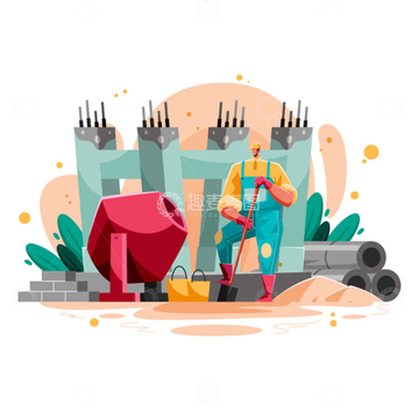 源文件下载【趣麦麦图】矢量扁平抽象夸张风建筑工人筛沙子