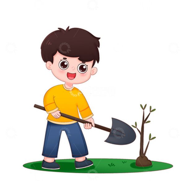 源文件下载【趣麦麦图】男孩植树节在草地上种树免抠元素