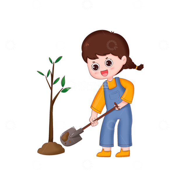 源文件下载【趣麦麦图】女孩植树节拿着铁锹种树免抠元素