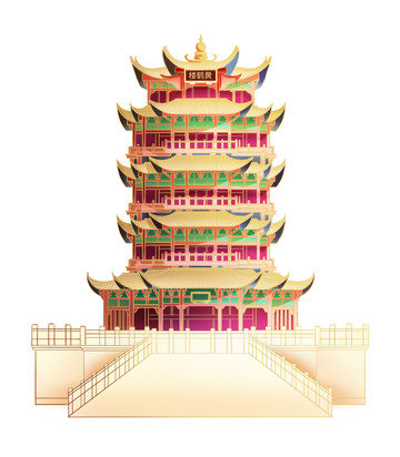 国潮风黄鹤楼手绘插画