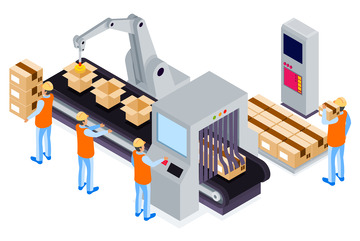 矢量工人搬运快递纸盒传送带运输工厂安检