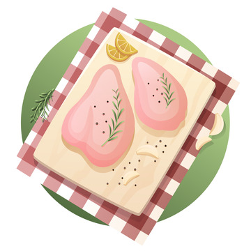 矢量卡通鸡胸肉桌垫柠檬蒜瓣减脂餐