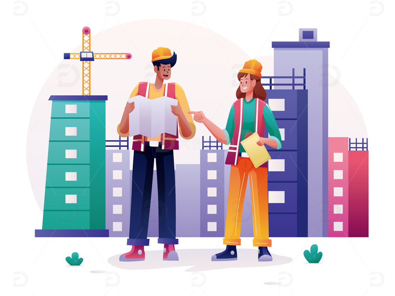 矢量工地工人工程师图纸建筑安全帽