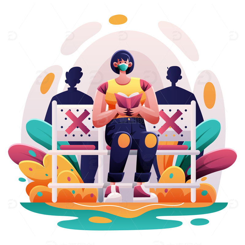 矢量扁平疫情防护戴口罩减少接触抗疫看书