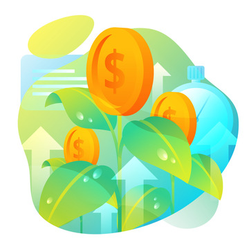 矢量扁平金币绿叶箭头露珠